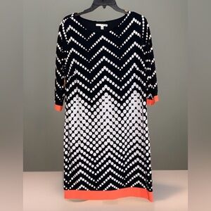 Studio One Black & White Polka Dots Sheath Dress-3/4 Sleeves-Coral Trim-L-EUC